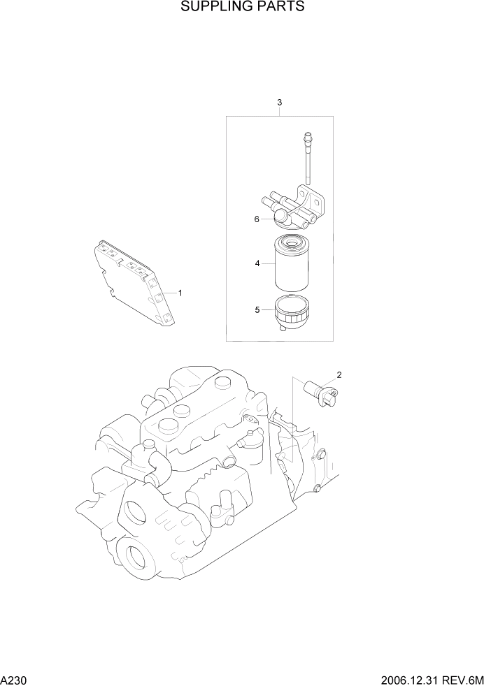 Схема запчастей Hyundai 35/40/45D-7 - PAGE A230 SUPPLING PARTS ДВИГАТЕЛЬ БАЗА (# 1001)