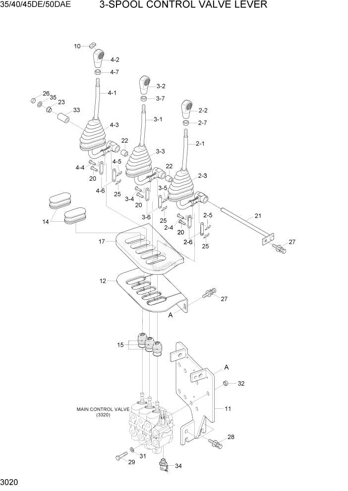 Схема запчастей Hyundai 35DE/40DE/45DE-7/50D-7AE - PAGE 3020 3-SPOOL CONTROL VALVE LEVER ГИДРАВЛИЧЕСКАЯ СИСТЕМА