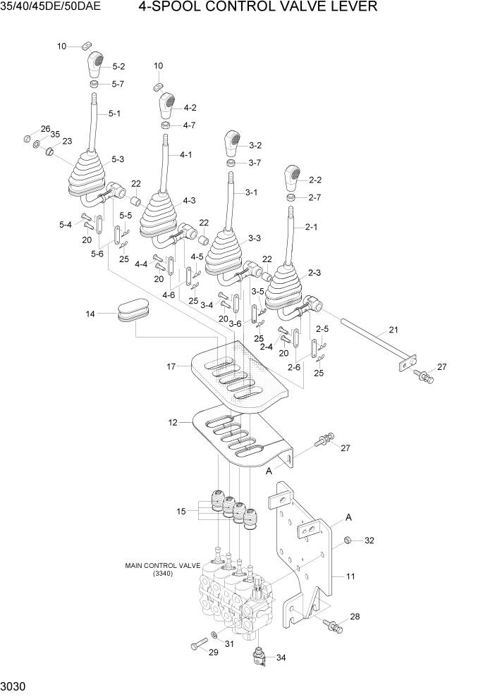 Схема запчастей Hyundai 35DE/40DE/45DE-7/50D-7AE - PAGE 3030 4-SPOOL CONTROL VALVE LEVER ГИДРАВЛИЧЕСКАЯ СИСТЕМА