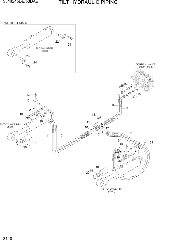 Схема запчастей Hyundai 35DE/40DE/45DE-7/50D-7AE - PAGE 3110 TILT HYDRAULIC PIPING ГИДРАВЛИЧЕСКАЯ СИСТЕМА