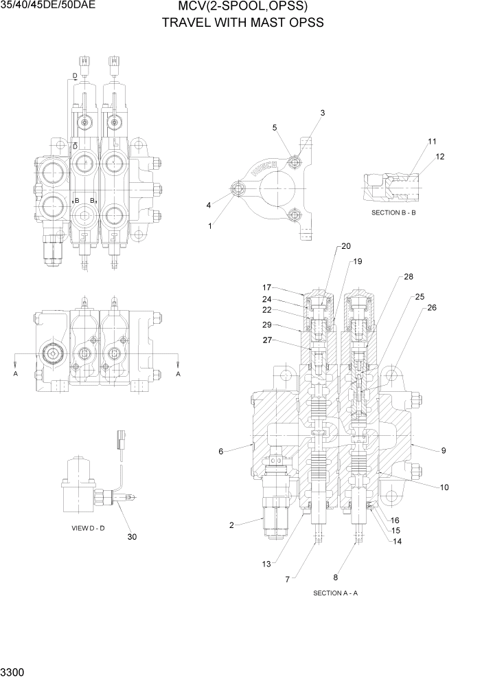 Схема запчастей Hyundai 35DE/40DE/45DE-7/50D-7AE - PAGE 3300 MCV(2-SPOOL, OPSS) ГИДРАВЛИЧЕСКАЯ СИСТЕМА