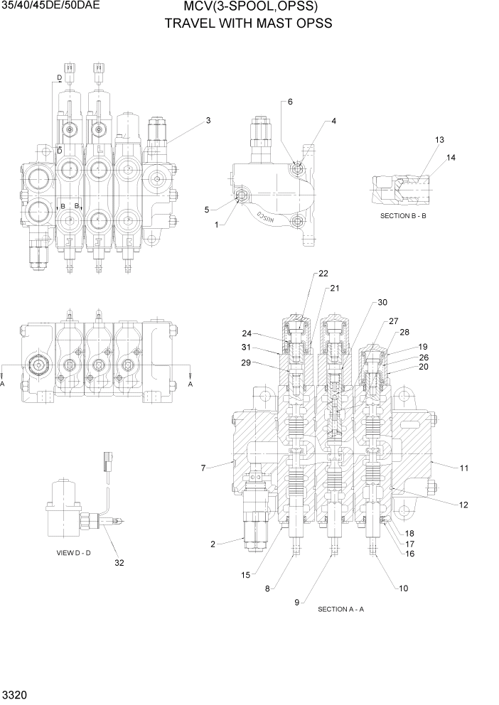 Схема запчастей Hyundai 35DE/40DE/45DE-7/50D-7AE - PAGE 3320 MCV(3-SPOOL, OPSS) ГИДРАВЛИЧЕСКАЯ СИСТЕМА