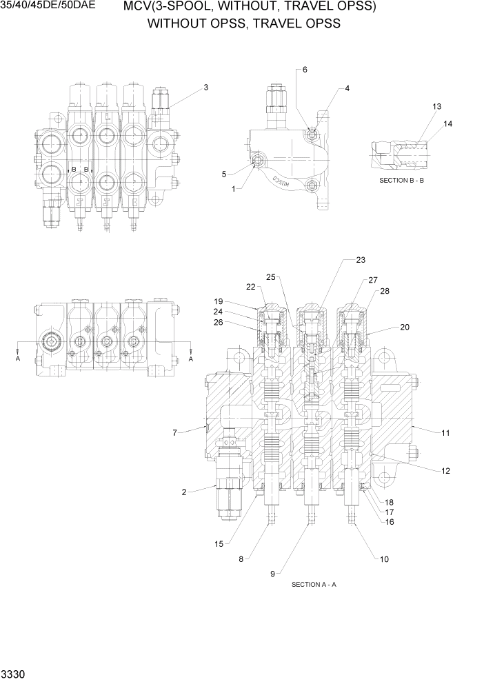 Схема запчастей Hyundai 35DE/40DE/45DE-7/50D-7AE - PAGE 3330 MCV(3-SPOOL, WITHOUT, TRAVEL OPSS) ГИДРАВЛИЧЕСКАЯ СИСТЕМА