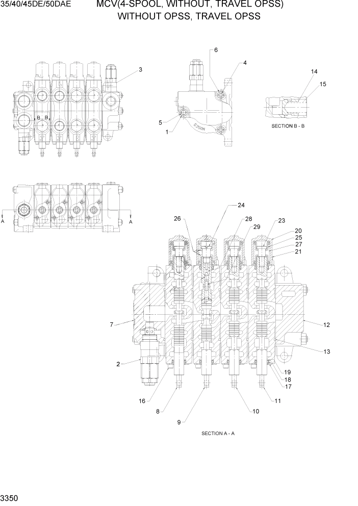 Схема запчастей Hyundai 35DE/40DE/45DE-7/50D-7AE - PAGE 3350 MCV(4-SPOOL, WITHOUT, TRAVEL OPSS) ГИДРАВЛИЧЕСКАЯ СИСТЕМА