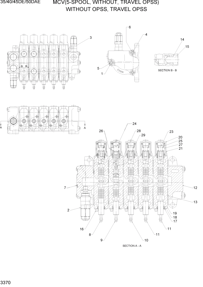 Схема запчастей Hyundai 35DE/40DE/45DE-7/50D-7AE - PAGE 3370 MCV(5-SPOOL, WITHOUT, TRAVEL OPSS) ГИДРАВЛИЧЕСКАЯ СИСТЕМА