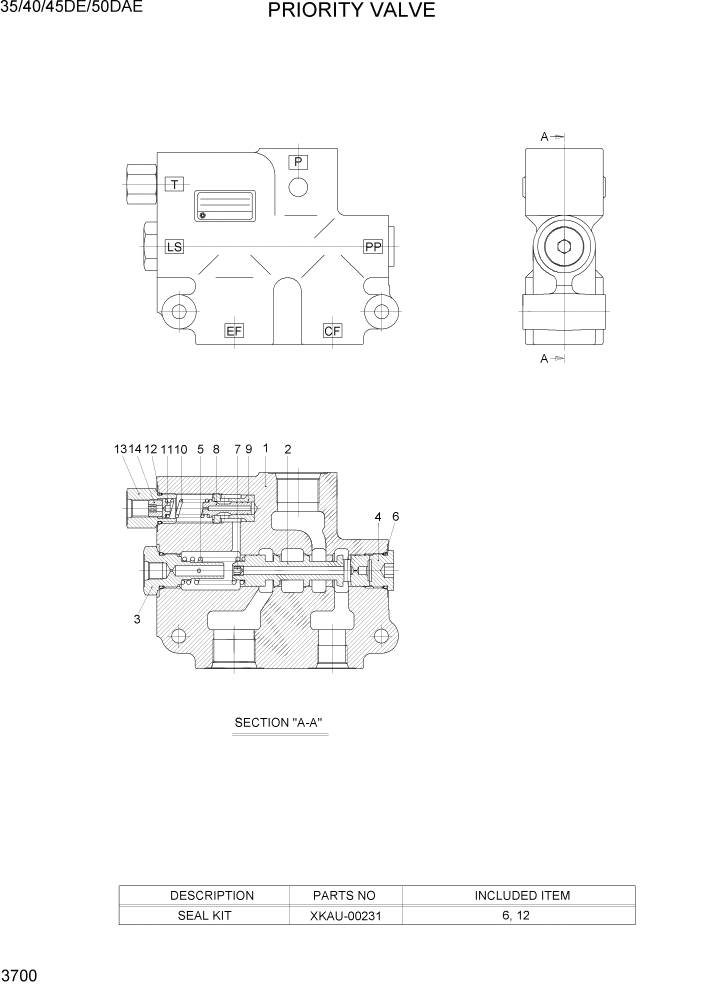 Схема запчастей Hyundai 35DE/40DE/45DE-7/50D-7AE - PAGE 3700 PRIORITY VALVE ГИДРАВЛИЧЕСКАЯ СИСТЕМА