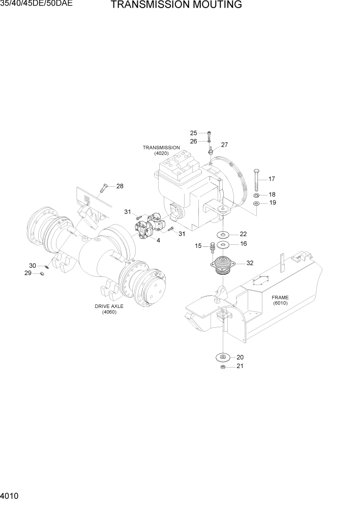 Схема запчастей Hyundai 35DE/40DE/45DE-7/50D-7AE - PAGE 4010 TRANSMISSION MOUNTING СИЛОВАЯ СИСТЕМА