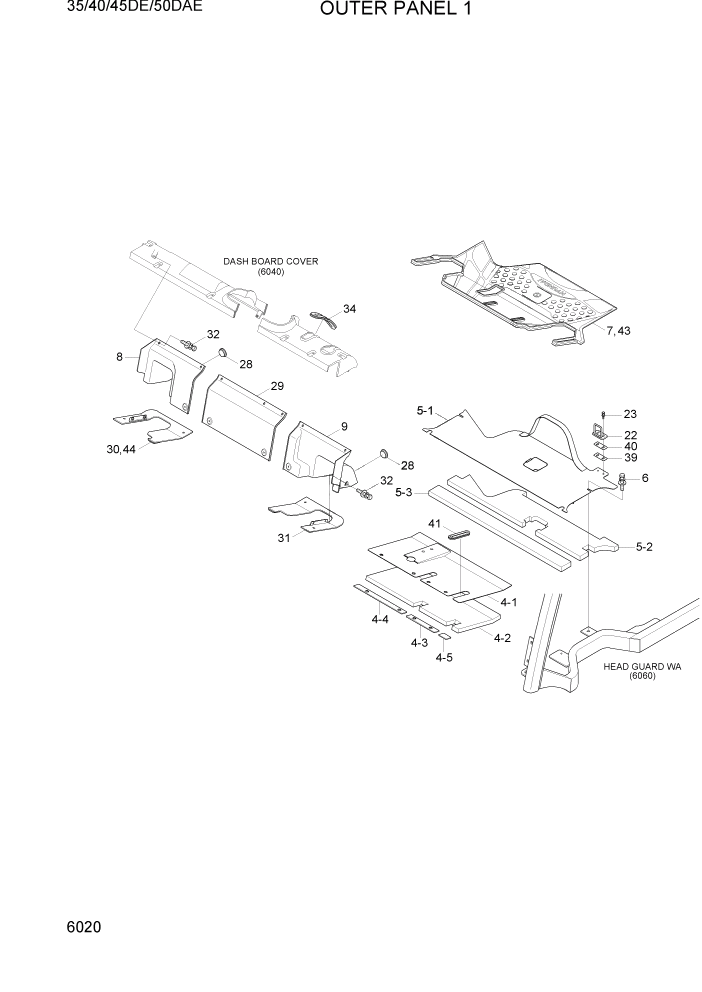 Схема запчастей Hyundai 35DE/40DE/45DE-7/50D-7AE - PAGE 6020 OUTER PANEL 1 СТРУКТУРА