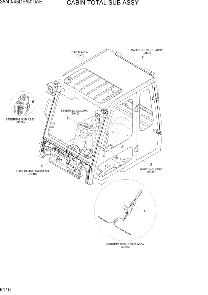 Схема запчастей Hyundai 35DE/40DE/45DE-7/50D-7AE - PAGE 6110 CABIN TOTAL SUB ASSY СТРУКТУРА