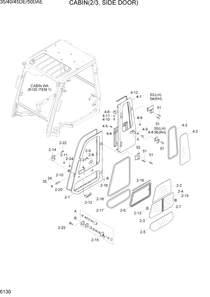 Схема запчастей Hyundai 35DE/40DE/45DE-7/50D-7AE - PAGE 6130 CABIN(2/3, SIDE DOOR) СТРУКТУРА