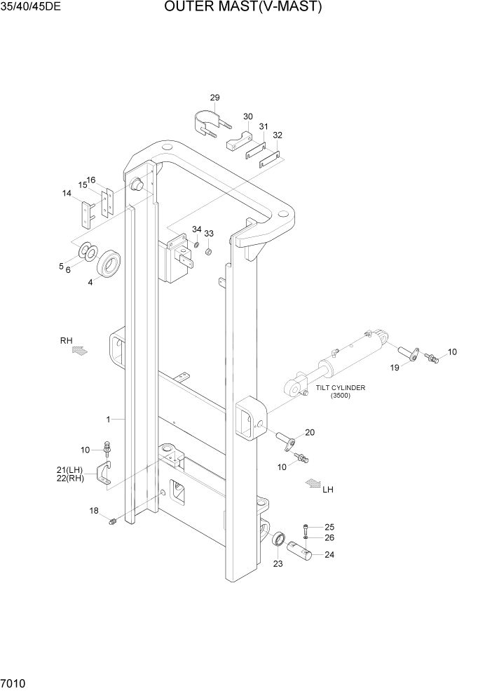 Схема запчастей Hyundai 35DE/40DE/45DE-7/50D-7AE - PAGE 7010 OUTER MAST(V-MAST, 35/40/45DE) РАБОЧЕЕ ОБОРУДОВАНИЕ