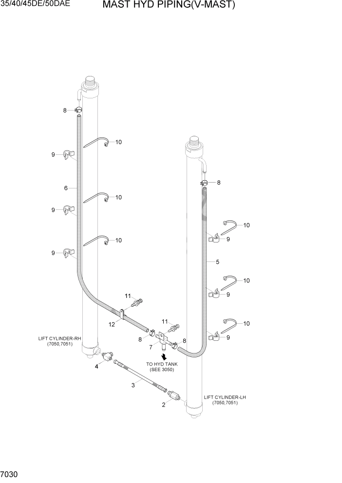 Схема запчастей Hyundai 35DE/40DE/45DE-7/50D-7AE - PAGE 7030 MAST HYD PIPING(V-MAST) РАБОЧЕЕ ОБОРУДОВАНИЕ