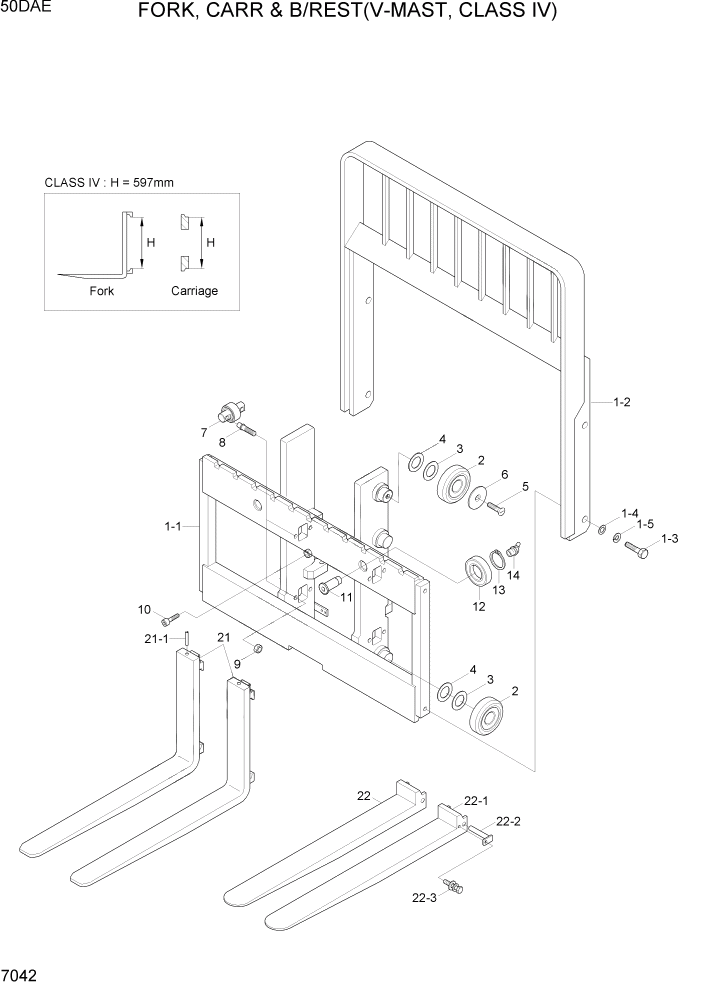 Схема запчастей Hyundai 35DE/40DE/45DE-7/50D-7AE - PAGE 7042 FORK, CARR & B/REST(V-MAST, C-IV,50DAE) РАБОЧЕЕ ОБОРУДОВАНИЕ