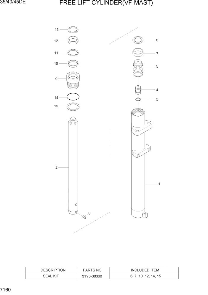 Схема запчастей Hyundai 35DE/40DE/45DE-7/50D-7AE - PAGE 7160 FREE LIFT CYLINDER(VF-MAST, 35/40/45DE) РАБОЧЕЕ ОБОРУДОВАНИЕ