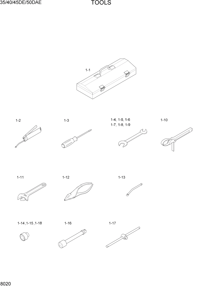 Схема запчастей Hyundai 35DE/40DE/45DE-7/50D-7AE - PAGE 8020 TOOLS ДРУГИЕ ЧАСТИ