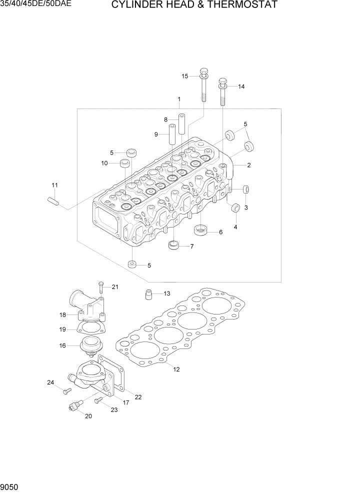 Схема запчастей Hyundai 35DE/40DE/45DE-7/50D-7AE - PAGE 9050 CYLINDER HEAD & THERMOSTAT ДВИГАТЕЛЬ БАЗА