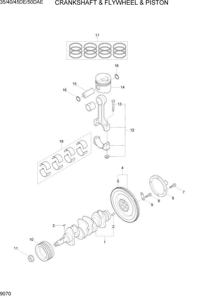 Схема запчастей Hyundai 35DE/40DE/45DE-7/50D-7AE - PAGE 9070 CRANKSHAFT & FLYWHEEL & PISTON ДВИГАТЕЛЬ БАЗА