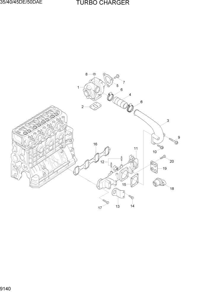 Схема запчастей Hyundai 35DE/40DE/45DE-7/50D-7AE - PAGE 9140 TURBO CHARGER ДВИГАТЕЛЬ БАЗА