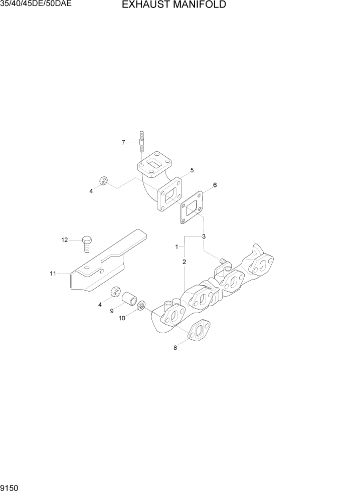 Схема запчастей Hyundai 35DE/40DE/45DE-7/50D-7AE - PAGE 9150 EXHAUST MANIFOLD ДВИГАТЕЛЬ БАЗА