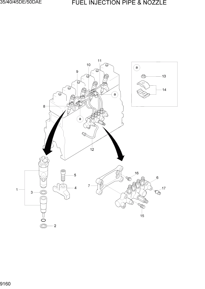 Схема запчастей Hyundai 35DE/40DE/45DE-7/50D-7AE - PAGE 9160 FUEL INJECTION PIPE & NOZZLE ДВИГАТЕЛЬ БАЗА