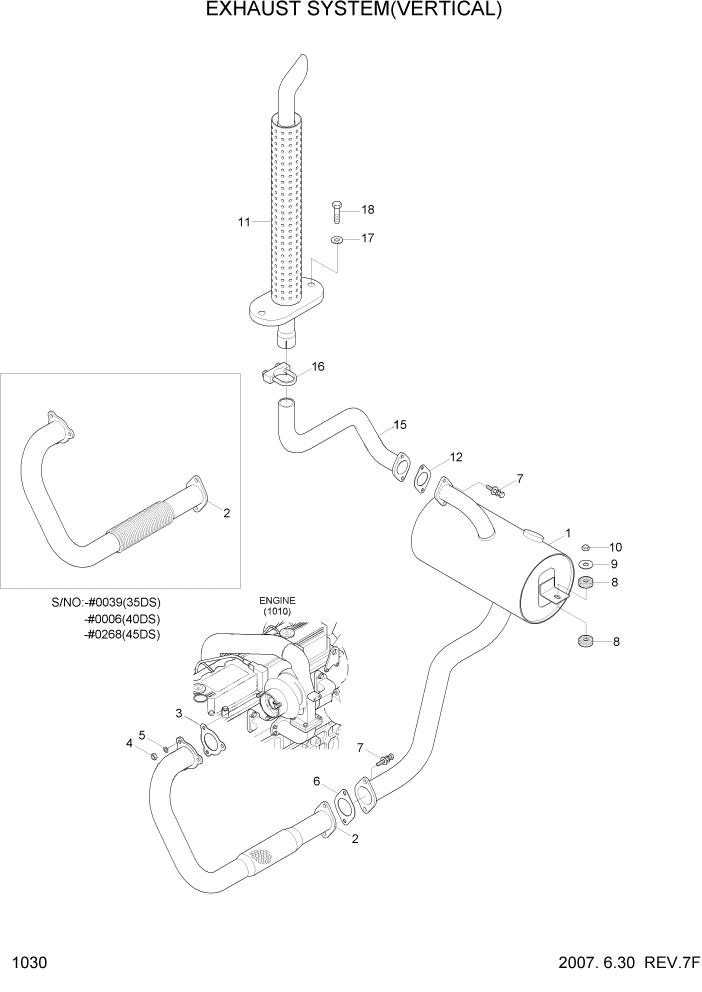 Схема запчастей Hyundai 35/40/45DS-7 - PAGE 1030 EXHAUST SYSTEM(VERTICAL) СИСТЕМА ДВИГАТЕЛЯ