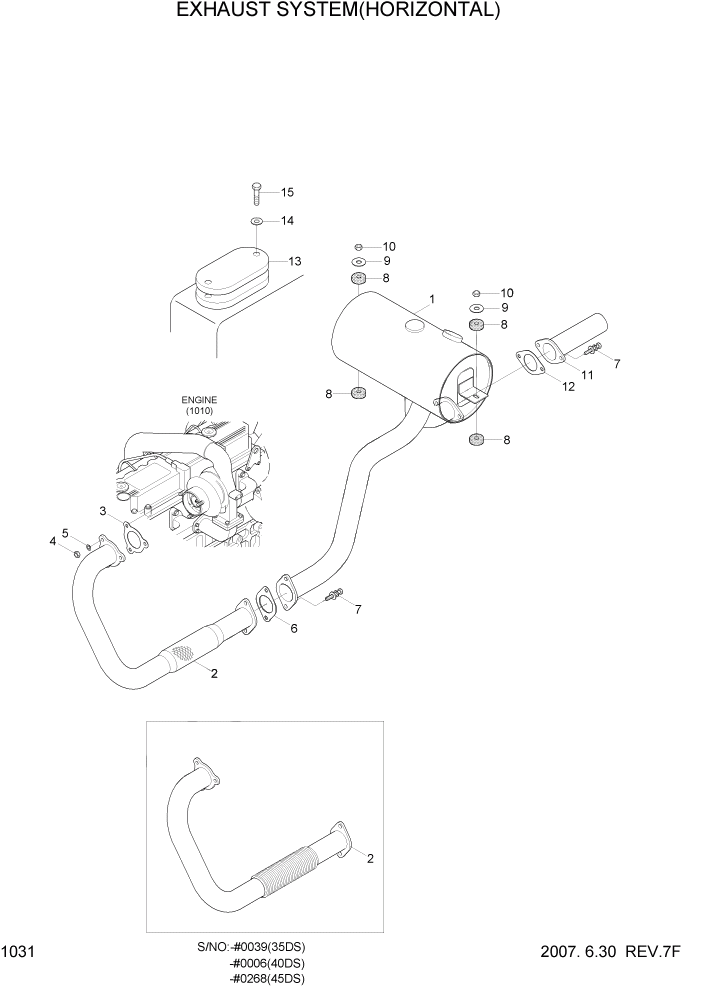 Схема запчастей Hyundai 35/40/45DS-7 - PAGE 1031 EXHAUST SYSTEM(HORIZONTAL) СИСТЕМА ДВИГАТЕЛЯ