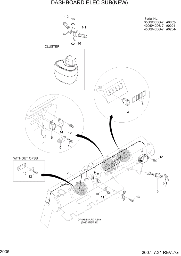 Схема запчастей Hyundai 35/40/45DS-7 - PAGE 2035 DASHBOARD ELEC SUB(NEW) ЭЛЕКТРИЧЕСКАЯ СИСТЕМА