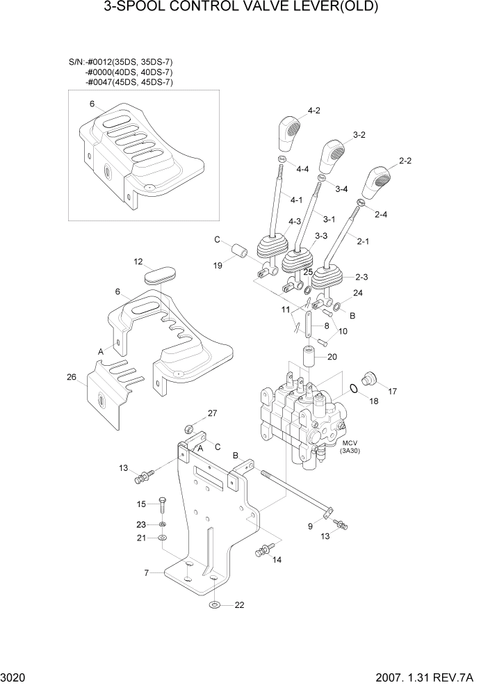 Схема запчастей Hyundai 35/40/45DS-7 - PAGE 3020 3-SPOOL CONTROL VALVE LEVER(OLD) ГИДРАВЛИЧЕСКАЯ СИСТЕМА