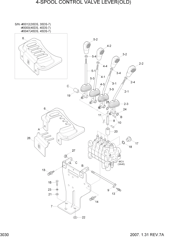 Схема запчастей Hyundai 35/40/45DS-7 - PAGE 3030 4-SPOOL CONTROL VALVE LEVER(OLD) ГИДРАВЛИЧЕСКАЯ СИСТЕМА