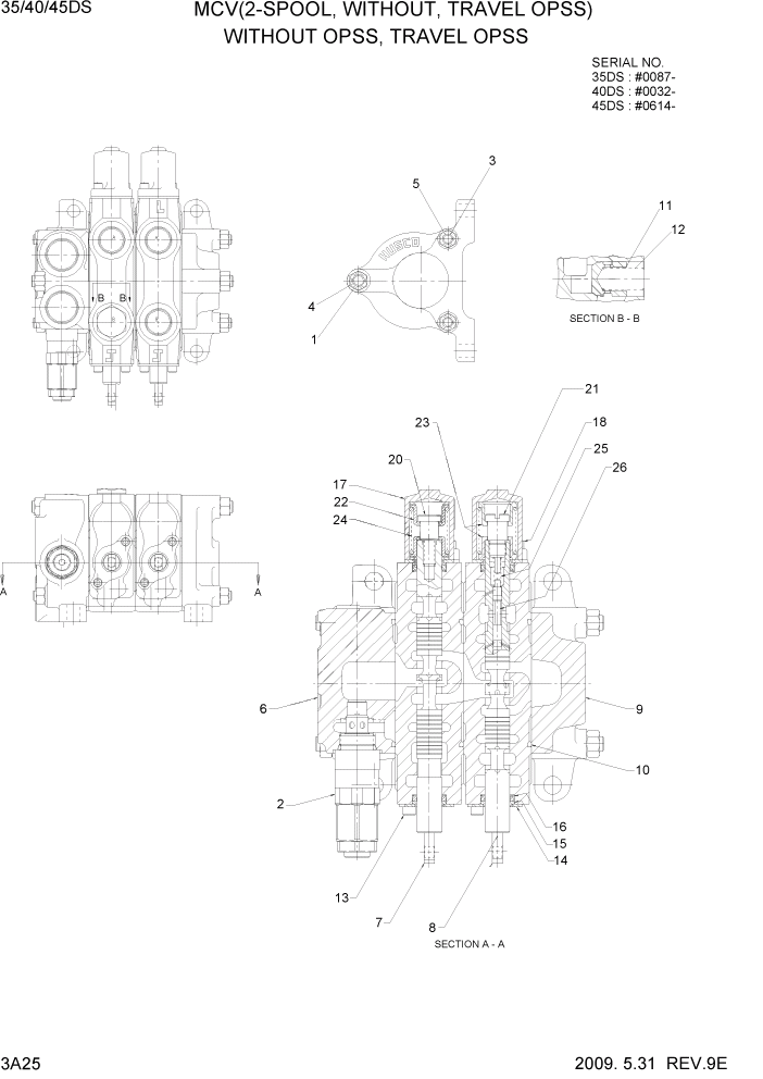 Схема запчастей Hyundai 35/40/45DS-7 - PAGE 3A25 MCV(2-SPOOL, WITHOUT, TRAVEL OPSS) ГИДРАВЛИЧЕСКАЯ СИСТЕМА