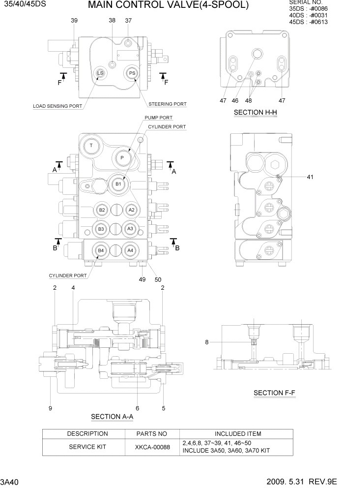 Схема запчастей Hyundai 35/40/45DS-7 - PAGE 3A40 MAIN CONTROL VALVE(4-SPOOL) ГИДРАВЛИЧЕСКАЯ СИСТЕМА