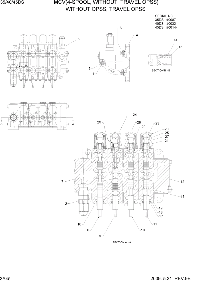 Схема запчастей Hyundai 35/40/45DS-7 - PAGE 3A45 MCV(4-SPOOL, WITHOUT, TRAVEL OPSS) ГИДРАВЛИЧЕСКАЯ СИСТЕМА