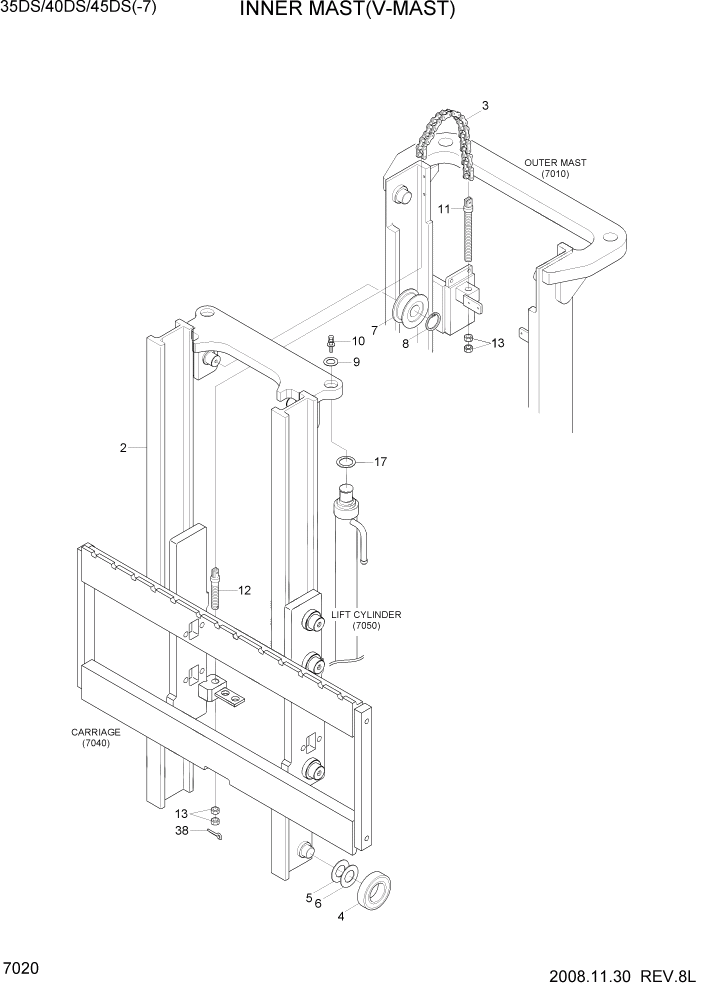 Схема запчастей Hyundai 35/40/45DS-7 - PAGE 7020 INNER MAST(V-MAST) РАБОЧЕЕ ОБОРУДОВАНИЕ