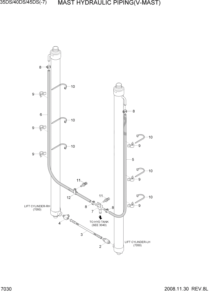 Схема запчастей Hyundai 35/40/45DS-7 - PAGE 7030 MAST HYDRAULIC PIPING(V-MAST) РАБОЧЕЕ ОБОРУДОВАНИЕ