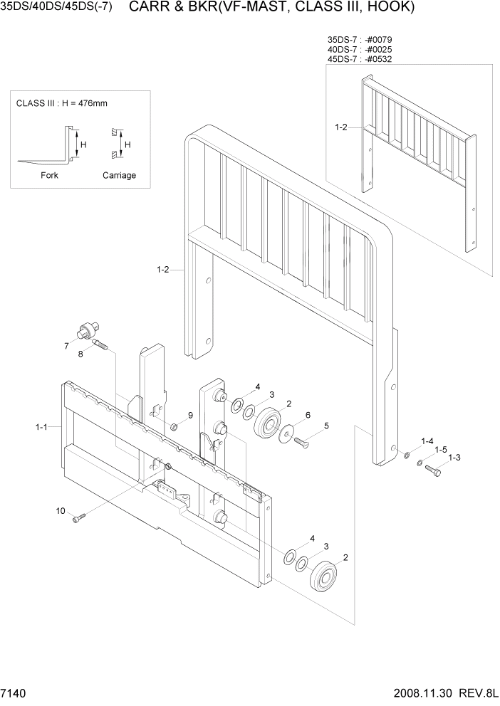 Схема запчастей Hyundai 35/40/45DS-7 - PAGE 7140 CARR & BKR(VF-MAST,C-III,HOOK) РАБОЧЕЕ ОБОРУДОВАНИЕ