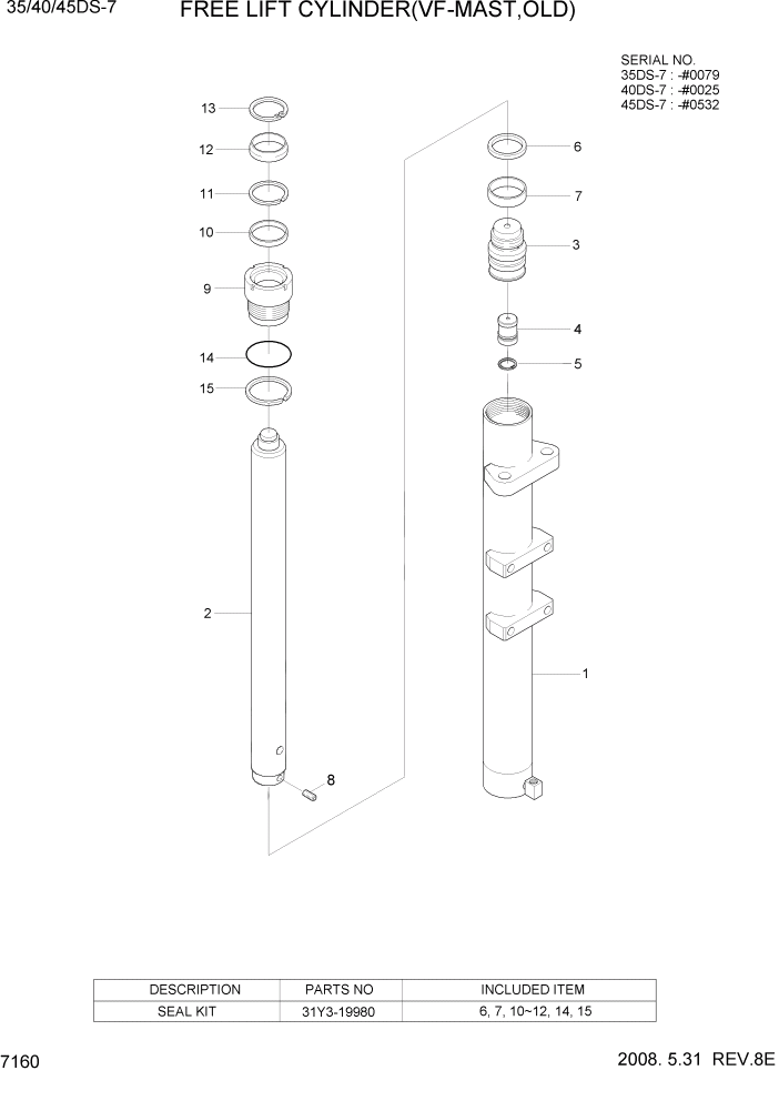 Схема запчастей Hyundai 35/40/45DS-7 - PAGE 7160 FREE LIFT CYLINDER(VF-MAST,OLD) РАБОЧЕЕ ОБОРУДОВАНИЕ