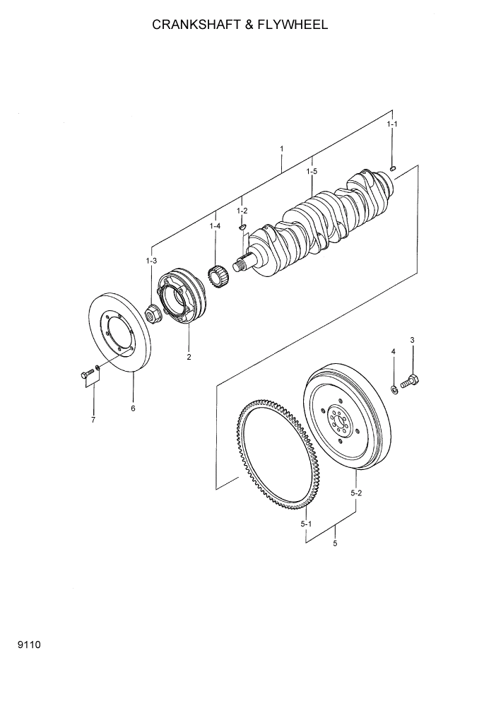 Схема запчастей Hyundai 35/40/45DS-7 - PAGE 9110 CRANKSHAFT & FLYWHEEL ДВИГАТЕЛЬ БАЗА