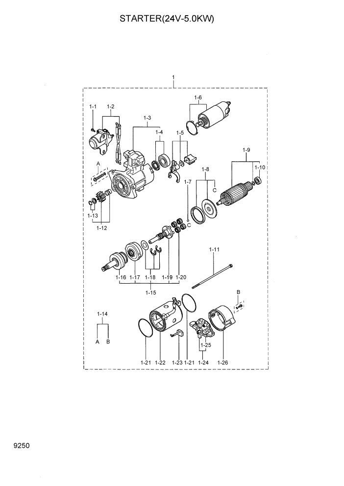 Схема запчастей Hyundai 35/40/45DS-7 - PAGE 9250 STARTER(24V-5.0KW) ДВИГАТЕЛЬ БАЗА