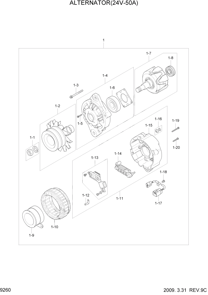 Схема запчастей Hyundai 35/40/45DS-7 - PAGE 9260 ALTERNATOR(24V-50A) ДВИГАТЕЛЬ БАЗА