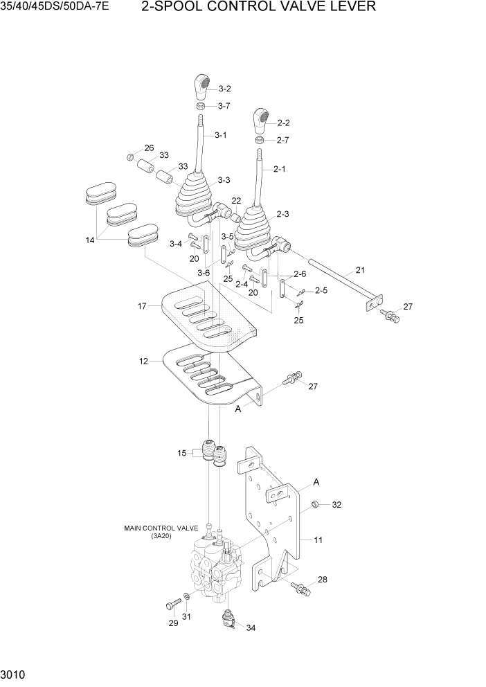 Схема запчастей Hyundai 35DS/40DS/45DS/50DA-7E - PAGE 3010 2-SPOOL CONTROL VALVE LEVER ГИДРАВЛИЧЕСКАЯ СИСТЕМА