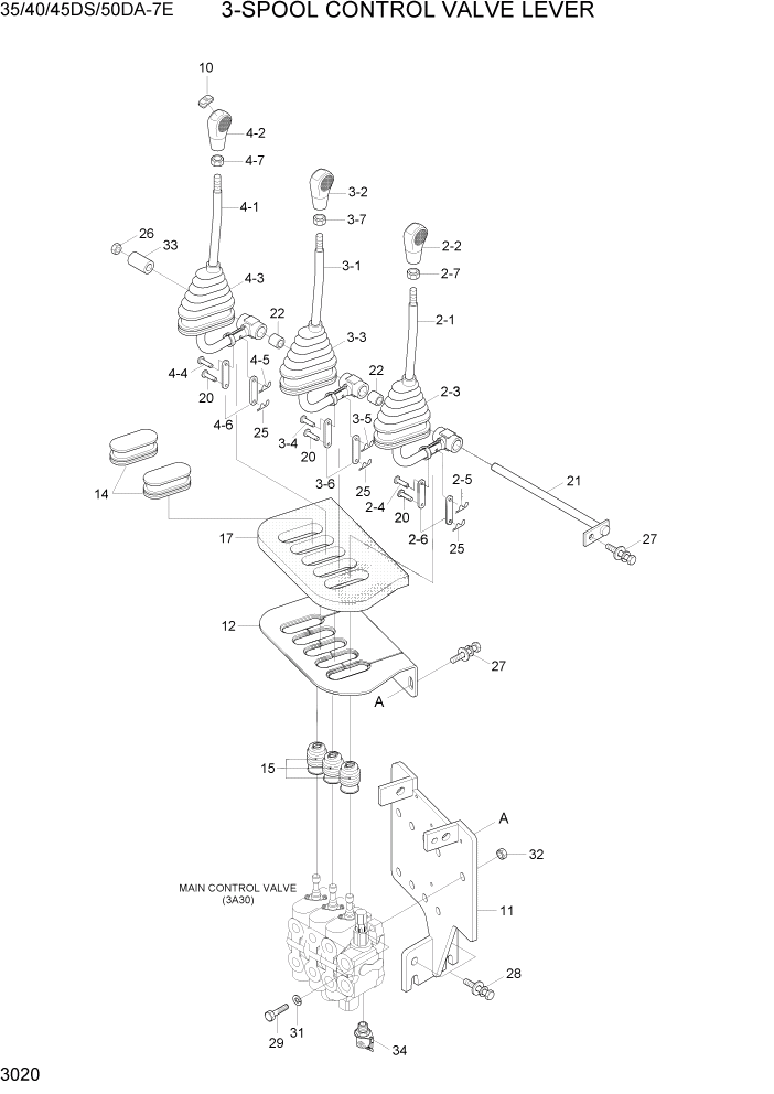 Схема запчастей Hyundai 35DS/40DS/45DS/50DA-7E - PAGE 3020 3-SPOOL CONTROL VALVE LEVER ГИДРАВЛИЧЕСКАЯ СИСТЕМА