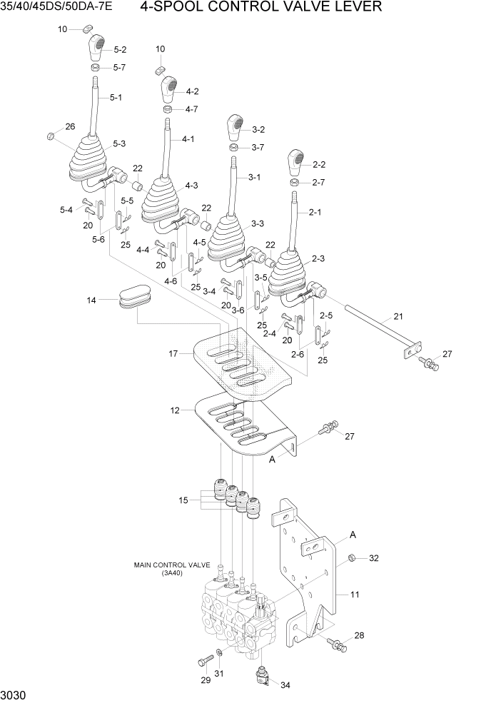 Схема запчастей Hyundai 35DS/40DS/45DS/50DA-7E - PAGE 3030 4-SPOOL CONTROL VALVE LEVER ГИДРАВЛИЧЕСКАЯ СИСТЕМА