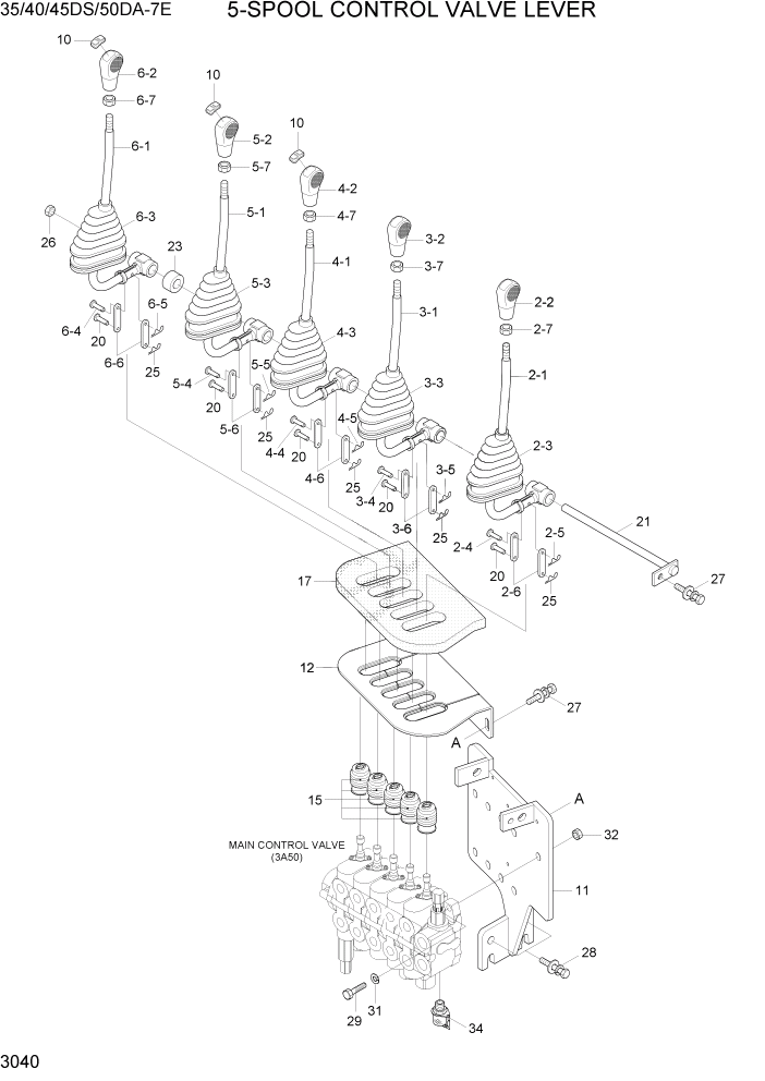 Схема запчастей Hyundai 35DS/40DS/45DS/50DA-7E - PAGE 3040 5-SPOOL CONTROL VALVE LEVER ГИДРАВЛИЧЕСКАЯ СИСТЕМА