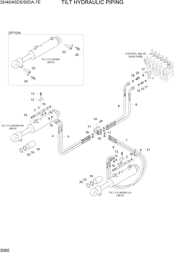 Схема запчастей Hyundai 35DS/40DS/45DS/50DA-7E - PAGE 3060 TILT HYDRAULIC PIPING ГИДРАВЛИЧЕСКАЯ СИСТЕМА