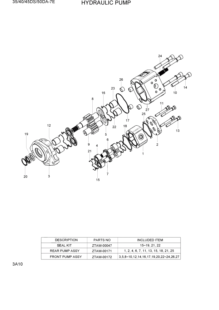 Схема запчастей Hyundai 35DS/40DS/45DS/50DA-7E - PAGE 3A10 HYDRAULIC PUMP ГИДРАВЛИЧЕСКАЯ СИСТЕМА