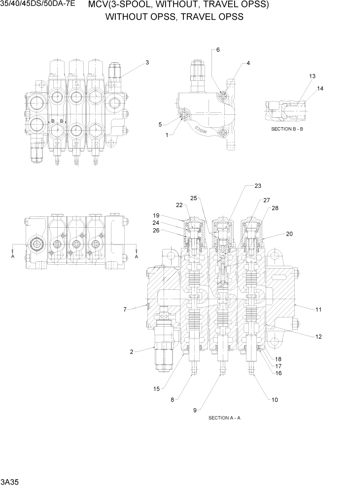 Схема запчастей Hyundai 35DS/40DS/45DS/50DA-7E - PAGE 3A35 MCV(3-SPOOL, WITHOUT, TRAVEL OPSS) ГИДРАВЛИЧЕСКАЯ СИСТЕМА