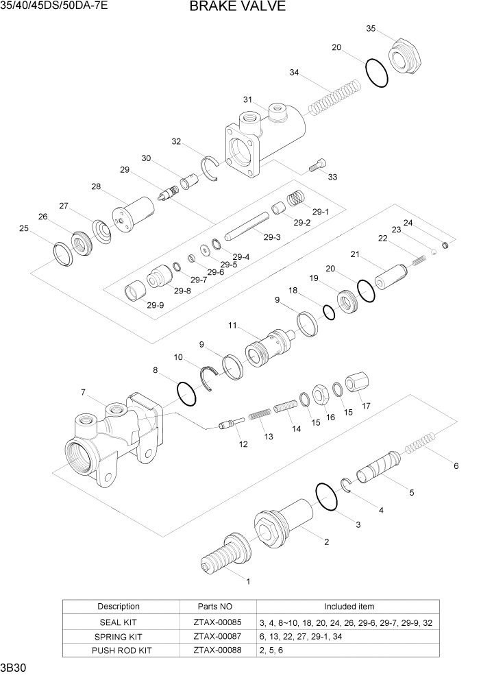 Схема запчастей Hyundai 35DS/40DS/45DS/50DA-7E - PAGE 3B30 BRAKE VALVE ГИДРАВЛИЧЕСКАЯ СИСТЕМА