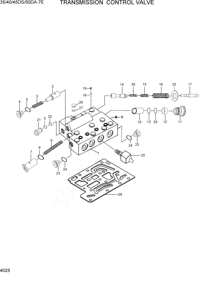 Схема запчастей Hyundai 35DS/40DS/45DS/50DA-7E - PAGE 4025 TRANSMISSION CONTROL VALVE СИЛОВАЯ СИСТЕМА