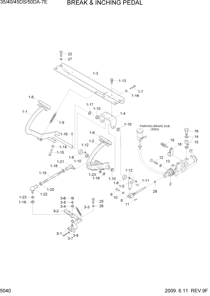 Схема запчастей Hyundai 35DS/40DS/45DS/50DA-7E - PAGE 5040 BRAKE & INCHING PEDAL СИСТЕМА УПРАВЛЕНИЯ