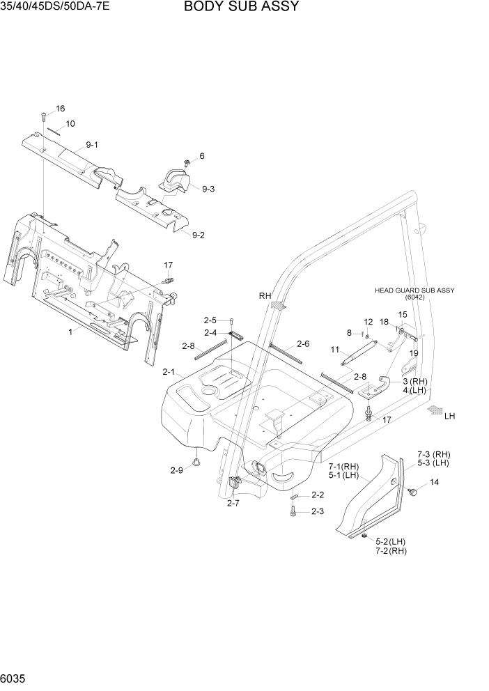 Схема запчастей Hyundai 35DS/40DS/45DS/50DA-7E - PAGE 6035 BODY SUB ASSY СТРУКТУРА